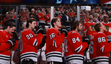 Chicago Blackhawks on the bench pregame
