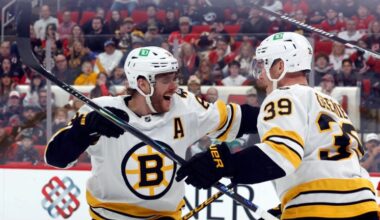 Boston Bruins' David Pastrnak (88) congratulates teammate Morgan Geekie (39) on his goal during the first period of an NHL hockey game against the Carolina Hurricanes in Raleigh, N.C., Tuesday, April 7, 2026.