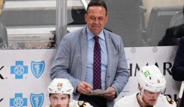 Boston Bruins head coach Marco Sturm stands behind his bench during overtime of an NHL hockey game against the Pittsburgh Penguins in Pittsburgh, Sunday, March 8, 2026.