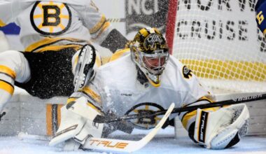 Boston Bruins goaltender Jeremy Swayman (1) makes a save in traffic during the first period in Game 2 of a first-round NHL hockey Stanley Cup playoff series against the Buffalo Sabres Tuesday, April 21, 2026, in Buffalo, N.Y.