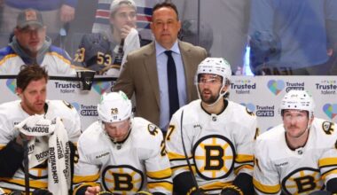 Boston Bruins head coach Marco Strum looks on during the third period in Game 1 of a first-round NHL hockey Stanley Cup playoff series against the Buffalo Sabres Sunday, April 19, 2026, in Buffalo, N.Y.