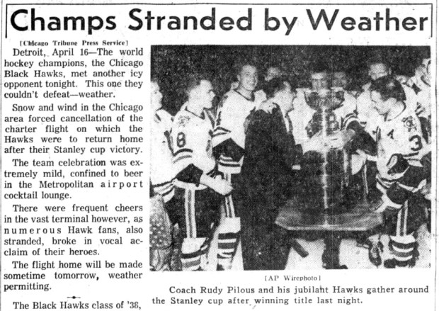 The Chicago Blackhawks beat the Detroit Red Wings on April 16, 1961, for the team's third Stanley Cup. But snow, wind and ice prevented the Hawks from traveling back to Chicago that night. (Chicago Tribune)