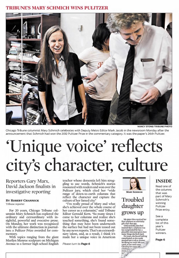 Longtime Chicago Tribune columnist Mary Schmich was awarded a Pulitzer Prize on April 16, 2012. (Chicago Tribune)