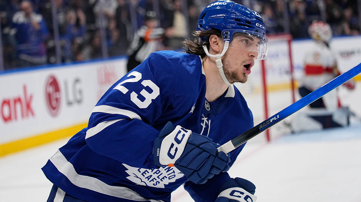 Toronto Maple Leafs forward Matthew Knies (23) reacts after his goal against Florida Panthers goaltender Sergei Bobrovsky (72) during the third period of game one of the second round of the 2025 Stanley Cup Playoffs at Scotiabank Arena.