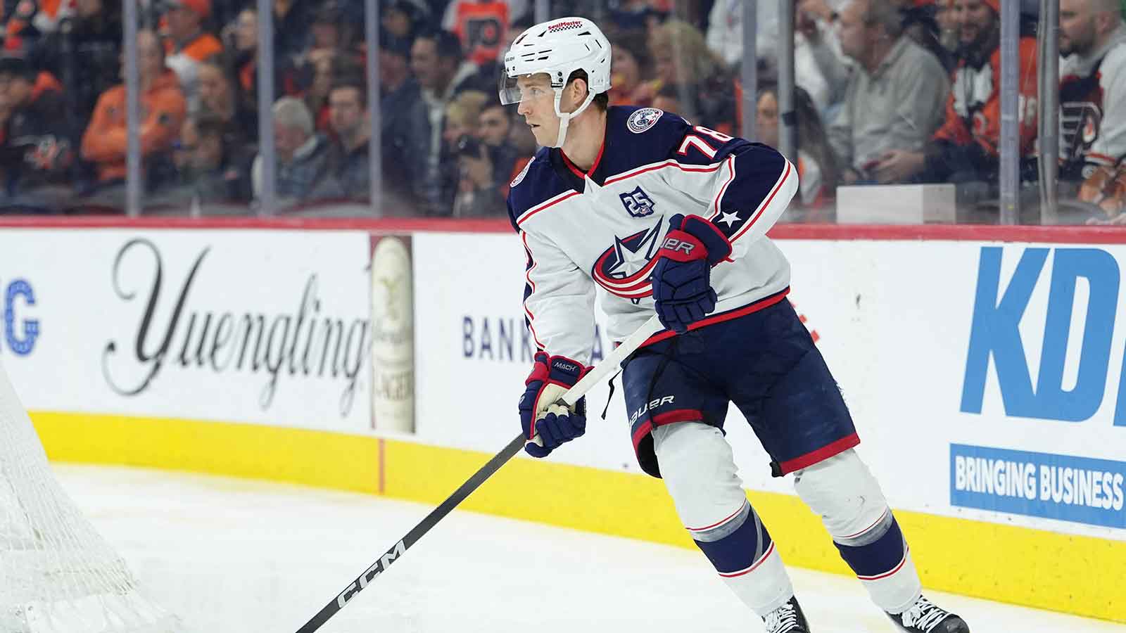 Columbus Blue Jackets defenseman Damon Severson (78) controls the puck against the Philadelphia Flyers in the first period at Xfinity Mobile Arena