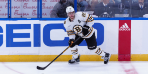 David Pastrnak skating for the Boston Bruins
