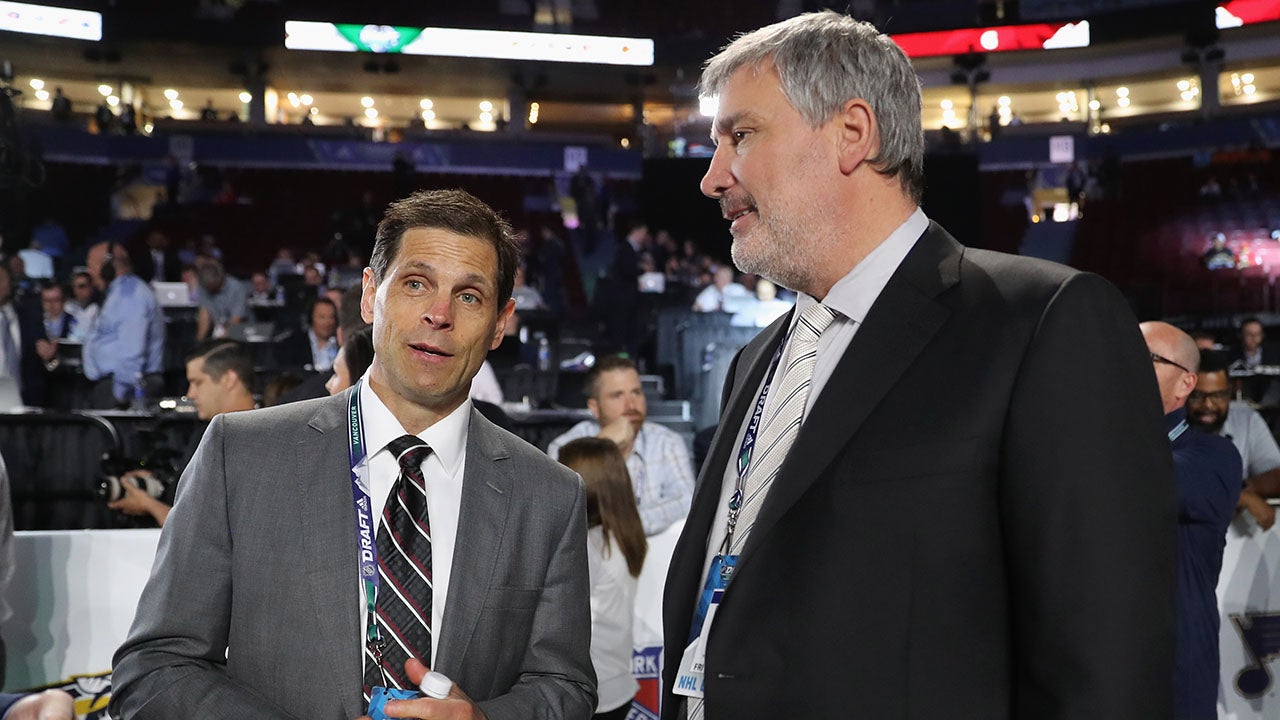 VANCOUVER, BRITISH COLUMBIA - JUNE 21: (L-R) Don Sweeney and Cam Neely of the Boston Bruins attend the 2019 NHL Draft at the Rogers Arena on June 21, 2019 in Vancouver, Canada. (Photo by Bruce Bennett/Getty Images)