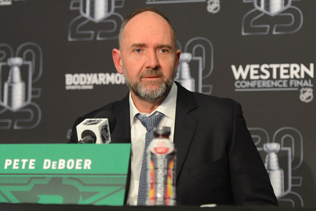 Head Coach Peter DeBoer of the Dallas Stars addresses the media after his team's loss against the Edmonton Oilers in Game Three of the Western Conference Finals of the 2025 Stanley Cup Playoffs at Rogers Place on May 12, 2025, in Edmonton, Alberta, Canada. 