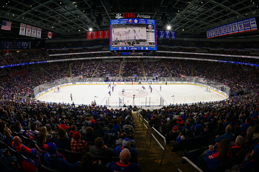 An ice hockey game between the Toronto Maple Leafs and the New York Islanders at UBS Arena.