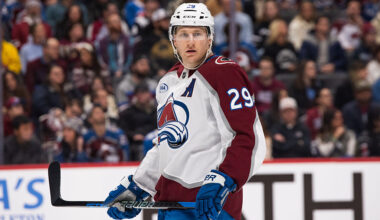 DENVER, COLORADO - DECEMBER 29: Nathan MacKinnon #29 of the Colorado Avalanche looks on during the third period of the game against the Los Angeles Kings at Ball Arena on December 29, 2025 in Denver, Colorado. (Photo by Ashley Potts/NHLI via Getty Images)