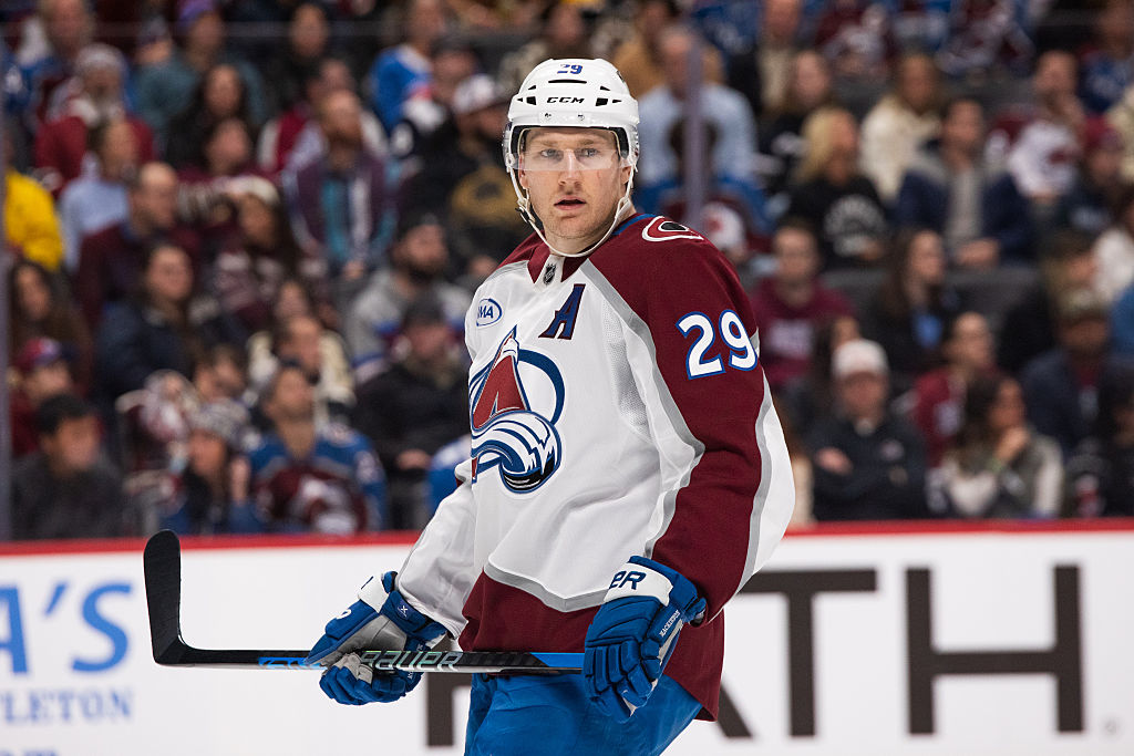 DENVER, COLORADO - DECEMBER 29: Nathan MacKinnon #29 of the Colorado Avalanche looks on during the third period of the game against the Los Angeles Kings at Ball Arena on December 29, 2025 in Denver, Colorado. (Photo by Ashley Potts/NHLI via Getty Images)
