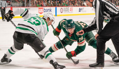 SAINT PAUL, MN - MARCH 21: Wyatt Johnston #53 of the Dallas Stars takes a face-off against Nico Sturm #78 of the Minnesota Wild during the game at Grand Casino Arena on March 21, 2026 in Saint Paul, Minnesota. (Photo by Bruce Kluckhohn/NHLI via Getty Images)