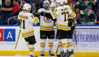 TAMPA, FL - APRIL 4: Casey Mittelstadt #11 of the Boston Bruins celebrates a goal with teammates Viktor Arvidsson #71, Jonathan Aspirot #45, and Charlie McAvoy #73 against the Tampa Bay Lightning at Benchmark International Arena on April 4, 2026 in Tampa, Florida. (Photo by Mark LoMoglio/NHLI via Getty Images)