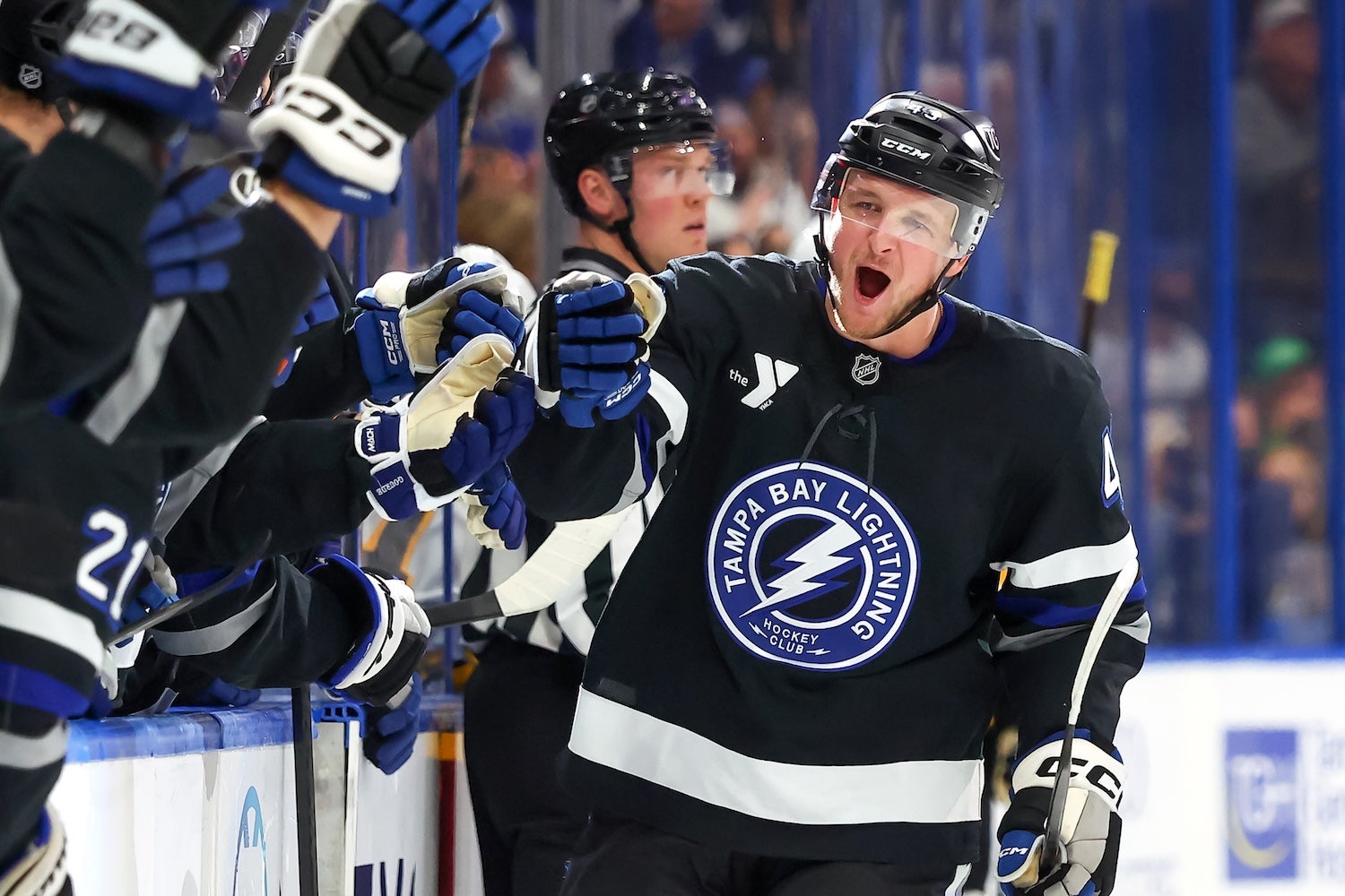 TAMPA, FL - APRIL 4: Darren Raddysh #43 of the Tampa Bay Lightning celebrates his goal against the Boston Bruins during the third period at the Benchmark International Arena on April 4, 2026 in Tampa, Florida. (Photo by Mike Carlson/Getty Images)