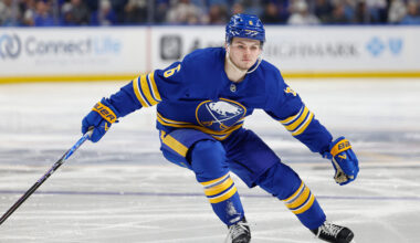 BUFFALO, NEW YORK - MARCH 31: Zach Benson #6 of the Buffalo Sabres skates during the second period against the New York Islanders at KeyBank Center on March 31, 2026 in Buffalo, New York. (Photo by Rebecca Villagracia/Getty Images)