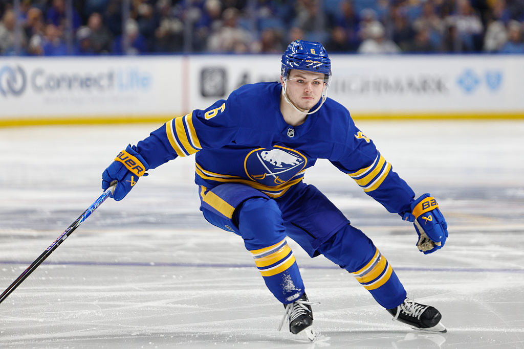 BUFFALO, NEW YORK - MARCH 31: Zach Benson #6 of the Buffalo Sabres skates during the second period against the New York Islanders at KeyBank Center on March 31, 2026 in Buffalo, New York. (Photo by Rebecca Villagracia/Getty Images)