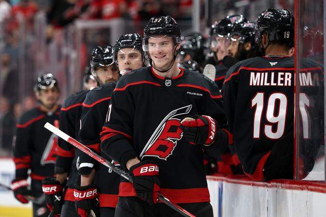 Andrei Svechnikov (37) of the Carolina Hurricanes shares a smile following a goal scored during the third period against the Columbus Blue Jackets at Lenovo Center on April 2, 2026 in Raleigh, North Carolina.