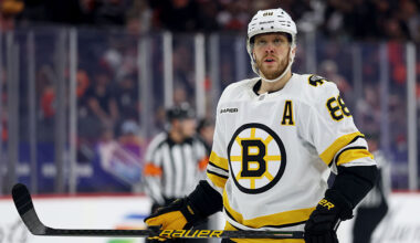 PHILADELPHIA, PENNSYLVANIA - APRIL 05: David Pastrnak #88 of the Boston Bruins looks on in the second period of a game against the Philadelphia Flyers at Xfinity Mobile Arena on April 05, 2026 in Philadelphia, Pennsylvania. (Photo by Emilee Chinn/Getty Images)