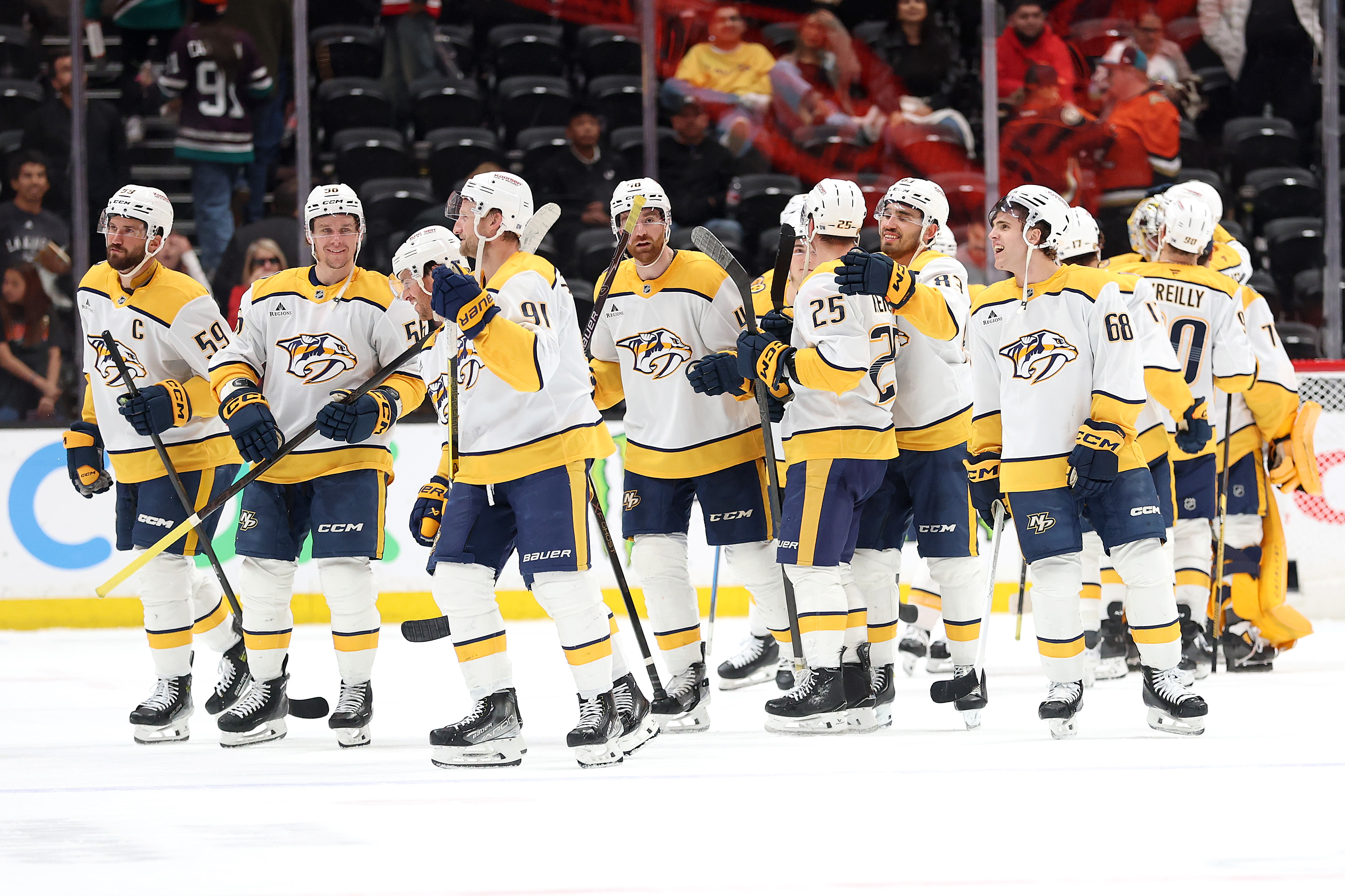 The Nashville Predators celebrate after their 5-0 victory over the...