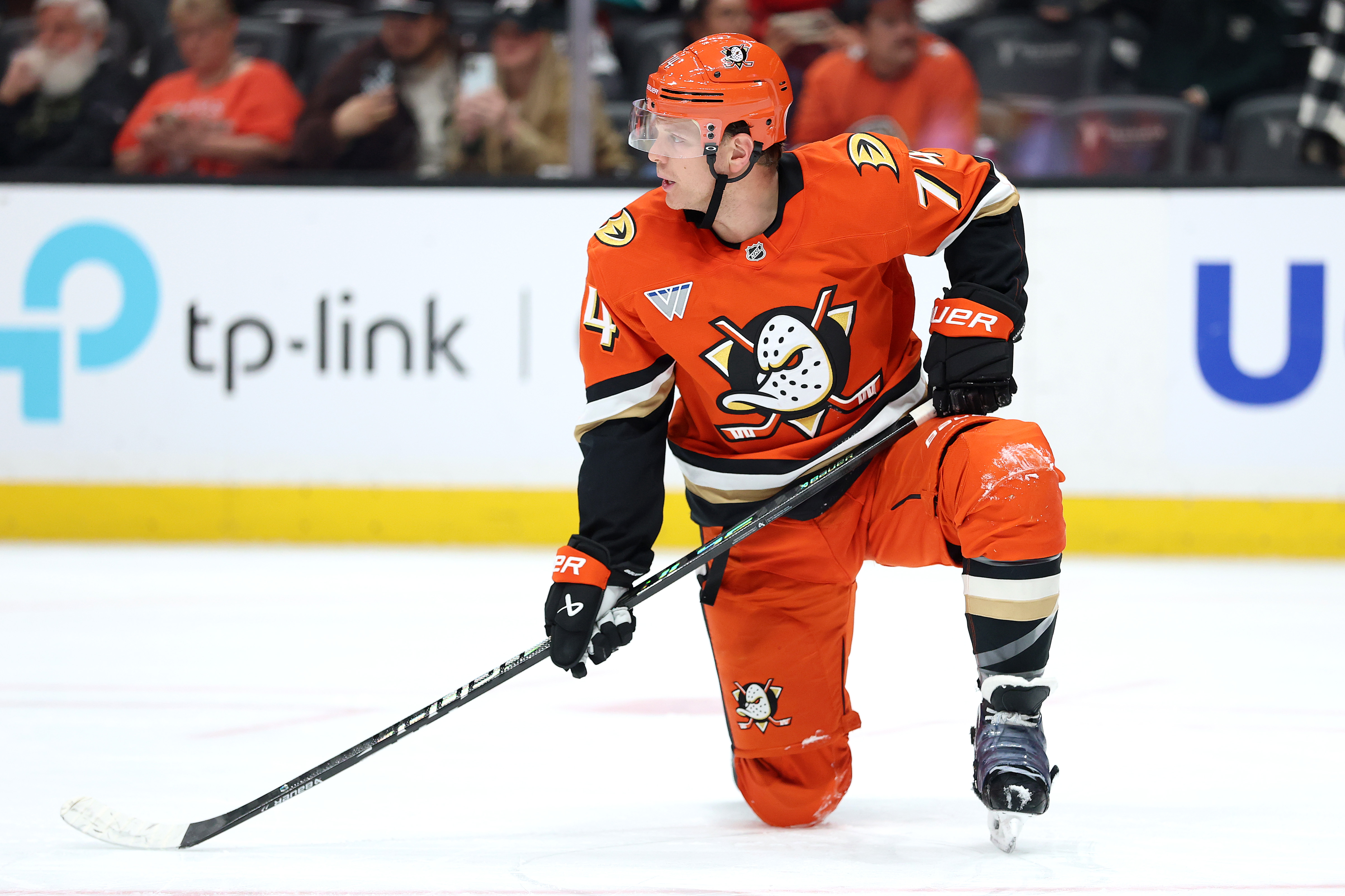 The Ducks’ John Carlson looks on during the third period...