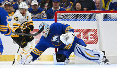 BUFFALO, NEW YORK - APRIL 19: Ukko-Pekka Luukkonen #1 of the Buffalo Sabres makes a save against David Pastrnak #88 of the Boston Bruins during the second period in Game One of the First Round of the 2026 Stanley Cup Playoffs at KeyBank Center on April 19, 2026 in Buffalo, New York. (Photo by Joe Hrycych/Getty Images)