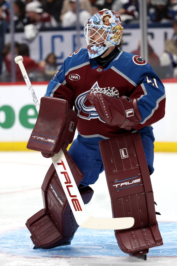 DENVER, COLORADO - APRIL 16: Scott Wedgewood #41 of the Colorado Avalanche tends goal against the Settle Kraken in the first period at Ball Arena on April 16, 2026 in Denver, Colorado. (Photo by Matthew Stockman/Getty Images)