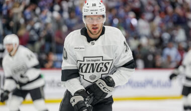 DENVER, COLORADO - APRIL 19: Artemi Panarin #10 of the Los Angeles Kings skates in warmups ahead of for Game One of the First Round of the 2026 Stanley Cup Playoffs against the Colorado Avalanche at Ball Arena on April 19, 2026 in Denver, Colorado. (Photo by Ashley Potts/NHLI)