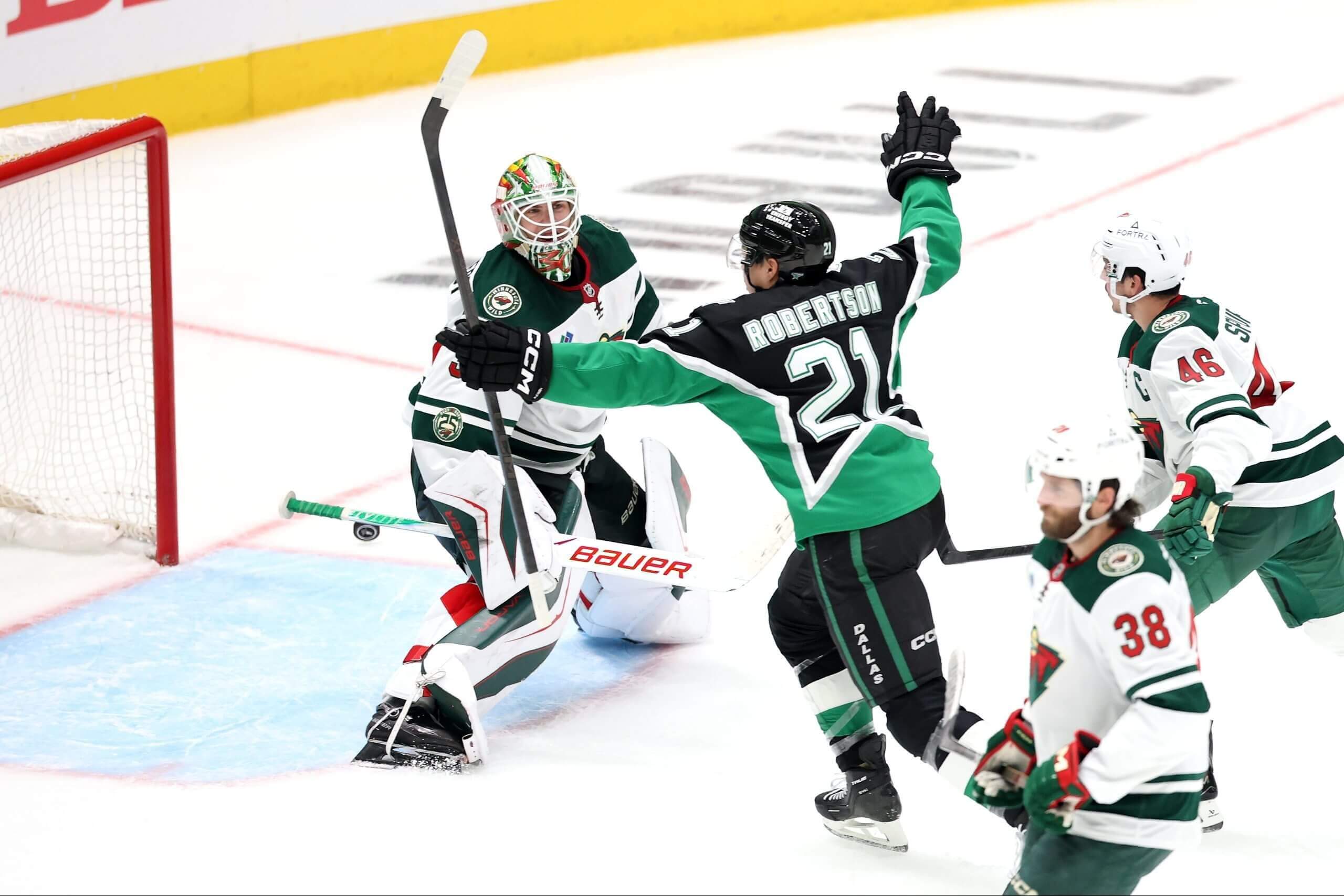Dallas' Jason Robertson celebrates a playoff goal.