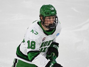North Dakota defenceman Keaton Verhoeff (18) playing against Quinnipiac on Saturday, March 28, 2026, in Sioux City, S.D. ()