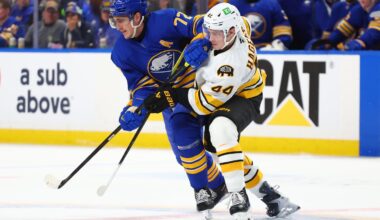 Bruins rookie James Hagens (right) was thrown right into the playoff fire, battling imposing Sabres center Tage Thompson in Sunday's Game 1 up in Buffalo.