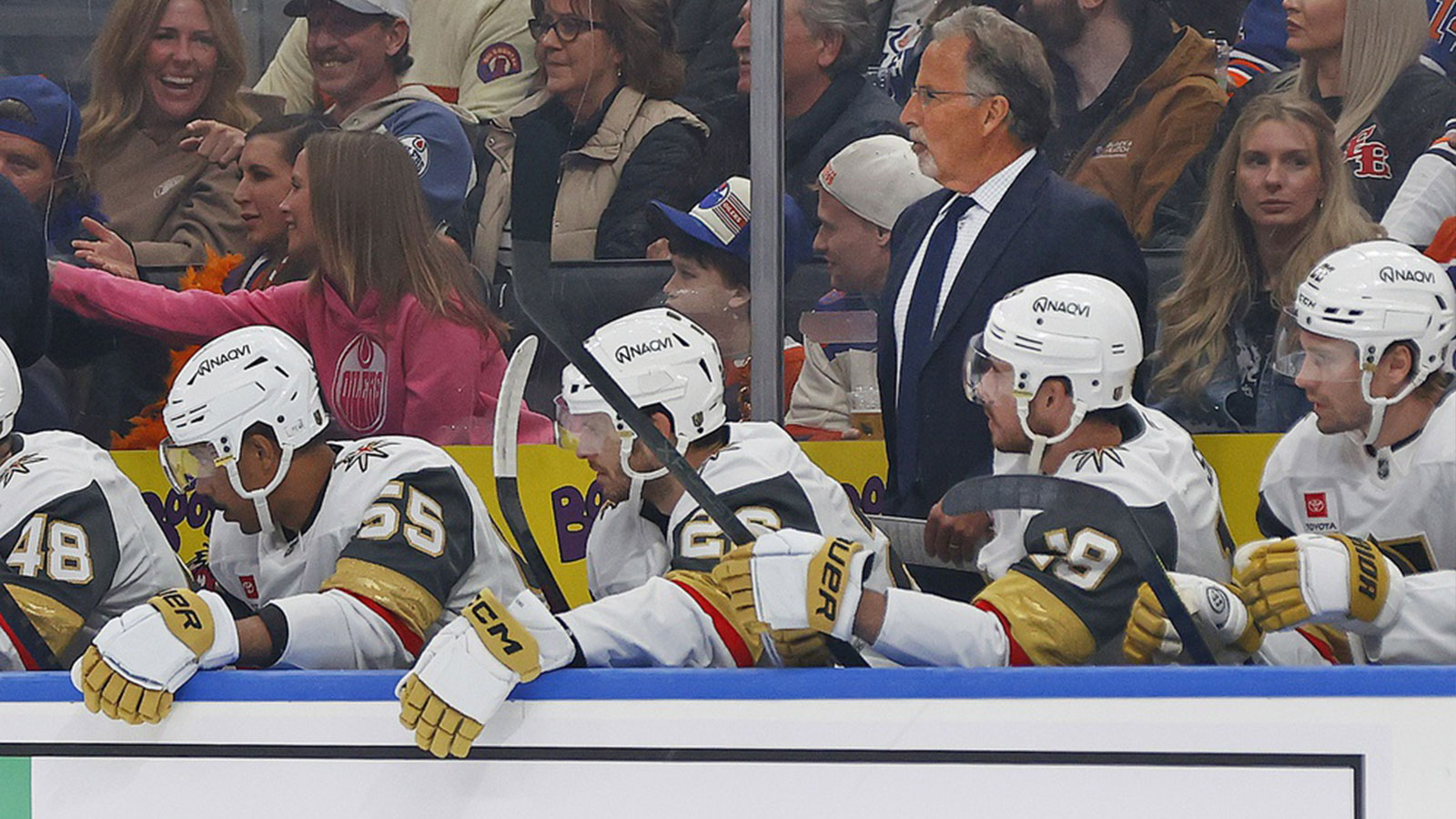 Vegas Golden Knights head coach John Tortorella follows the play during the first period against the Edmonton Oilers at Rogers Place. 