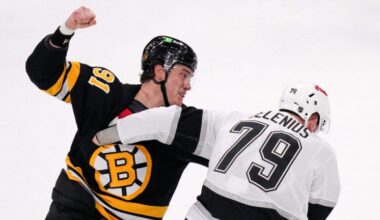 Boston Bruins defenseman Nikita Zadorov (91) fights Los Angeles Kings center Samuel Helenius (79) during the second period of an NHL hockey game, Tuesday, March 10, 2026, in Boston.