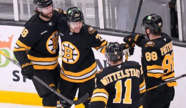 Bruins left wing Viktor Arvidsson is the center of a celebration after his first-period goal against Stars goaltender Jake Oettinger for a 2-0 lead Tuesday night at TD Garden.