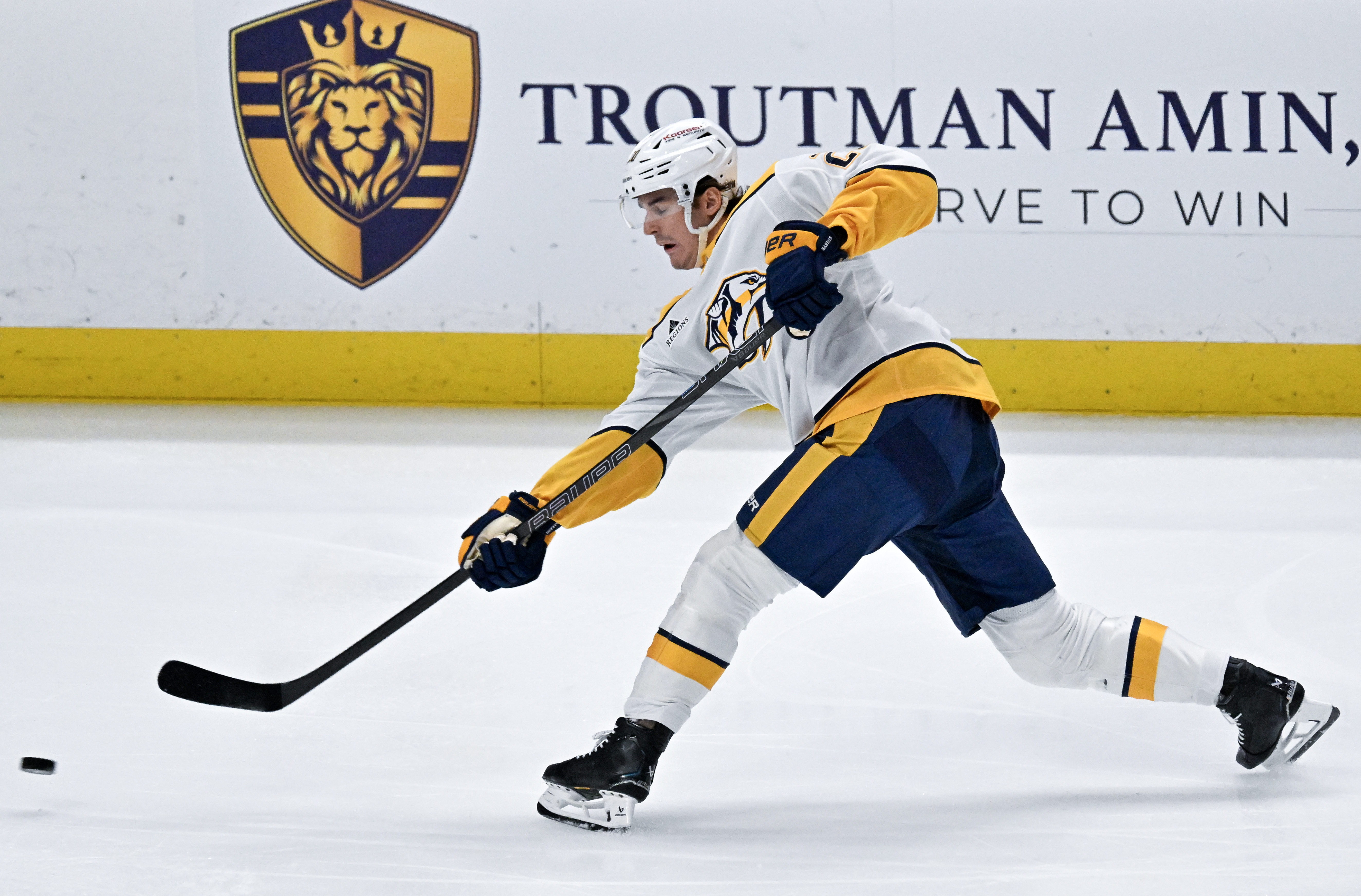 The Nashville Predators’ Justin Barron takes a shot on goal...