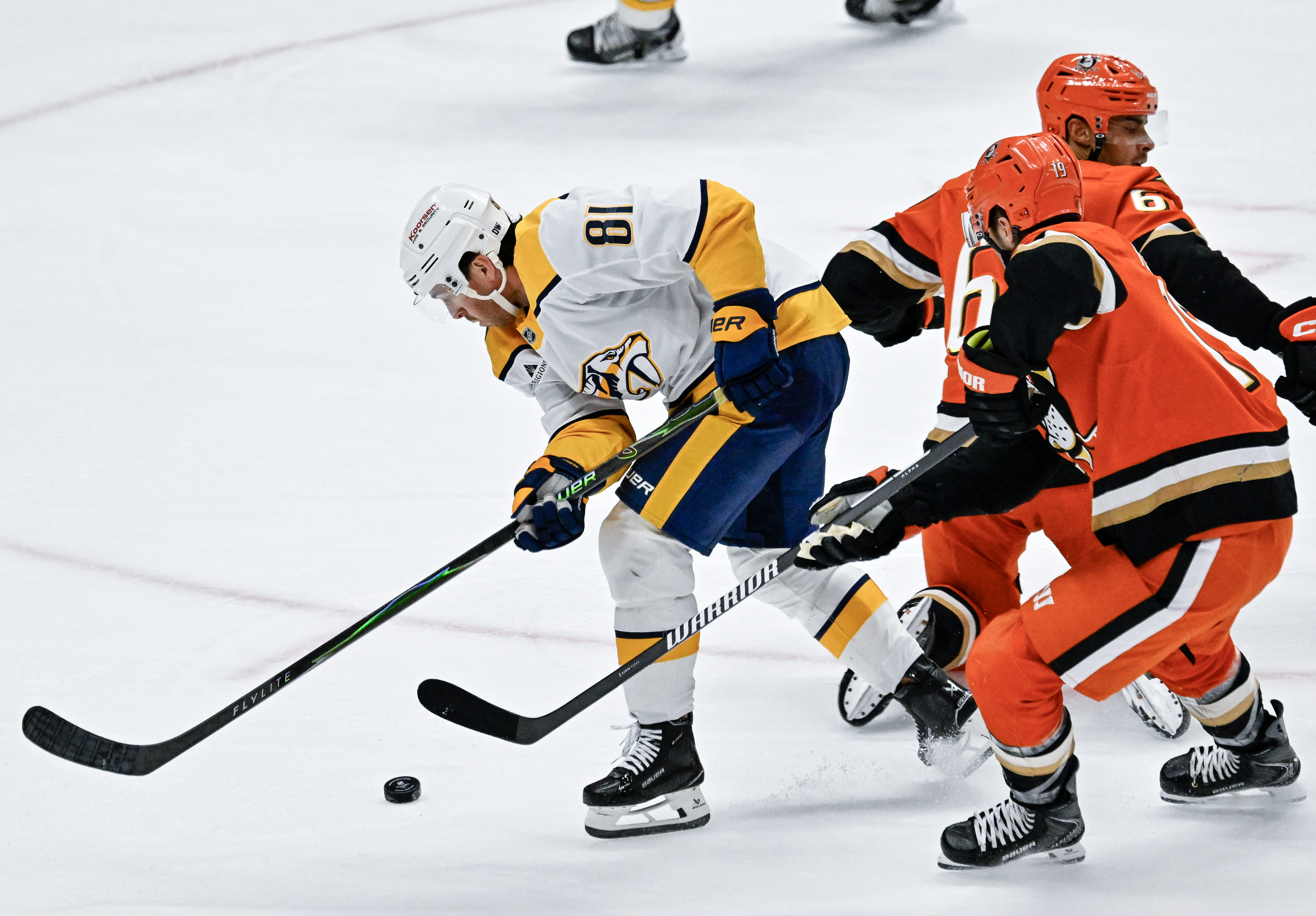 The Nashville Predatorsâ Jonathan Marchessault, left, controls the puck during...