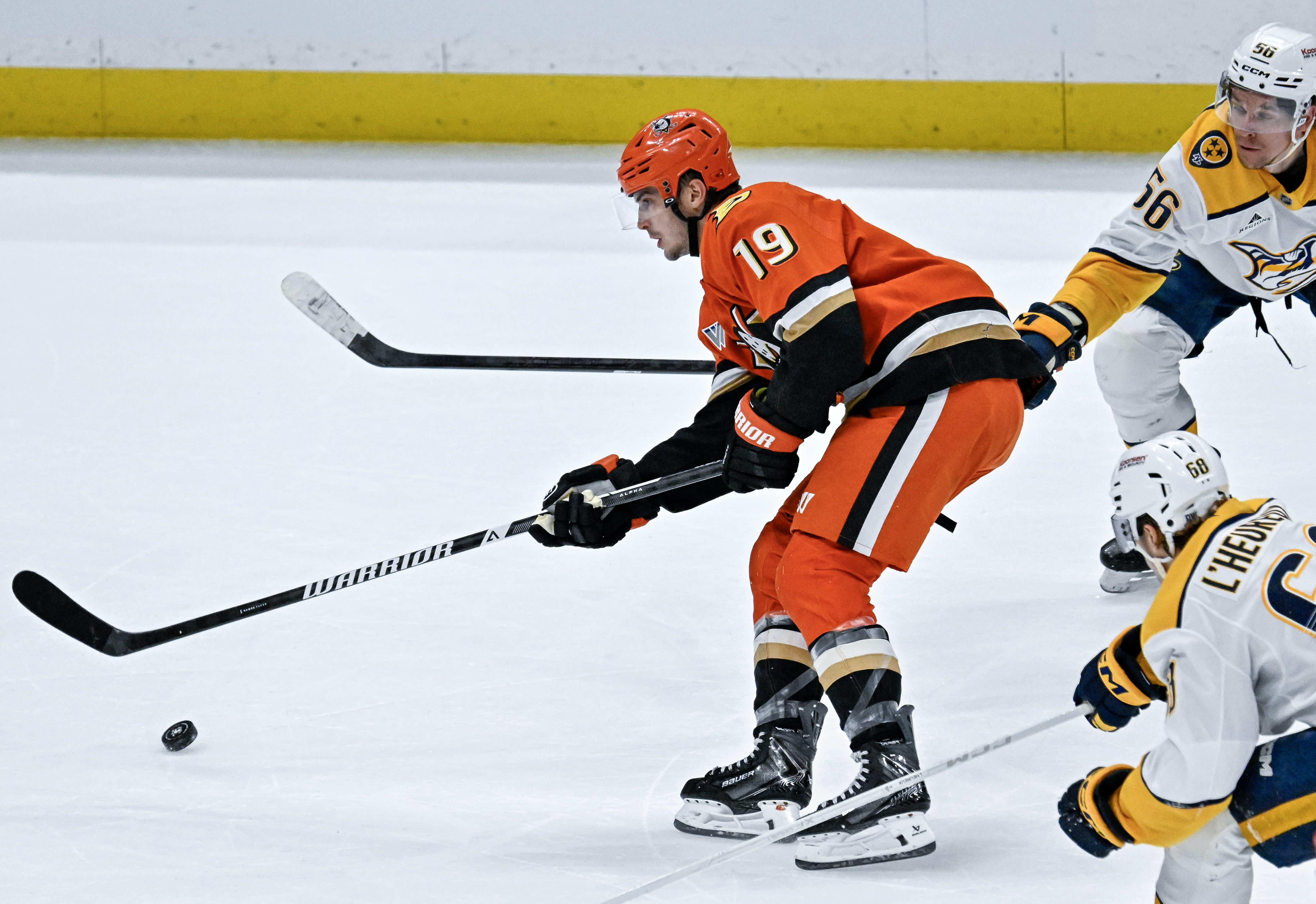 The Ducksâ Troy Terry, left, takes a shot on goal...