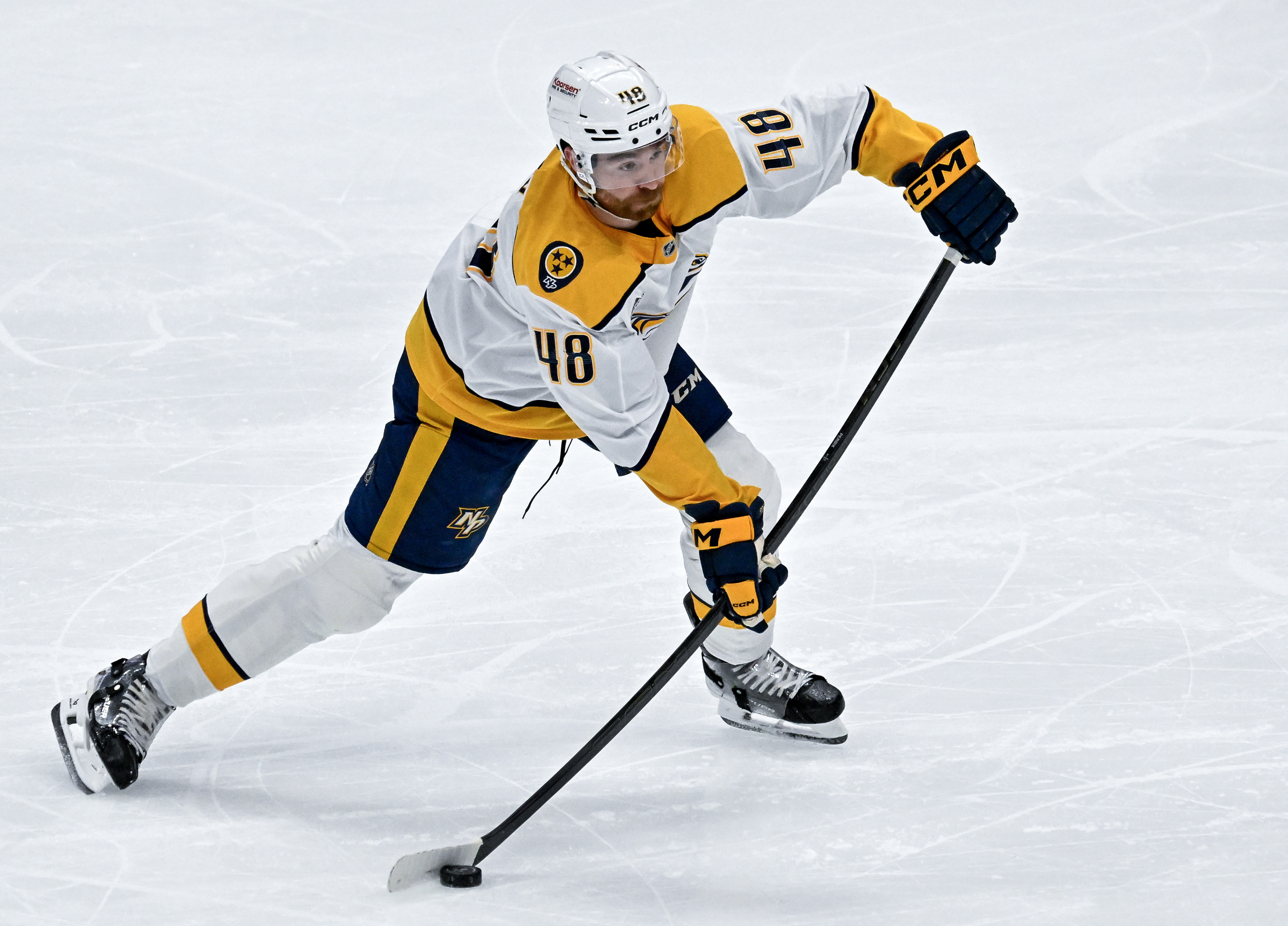 The Nashville Predators’ Nick Perbix takes a shot on goal...
