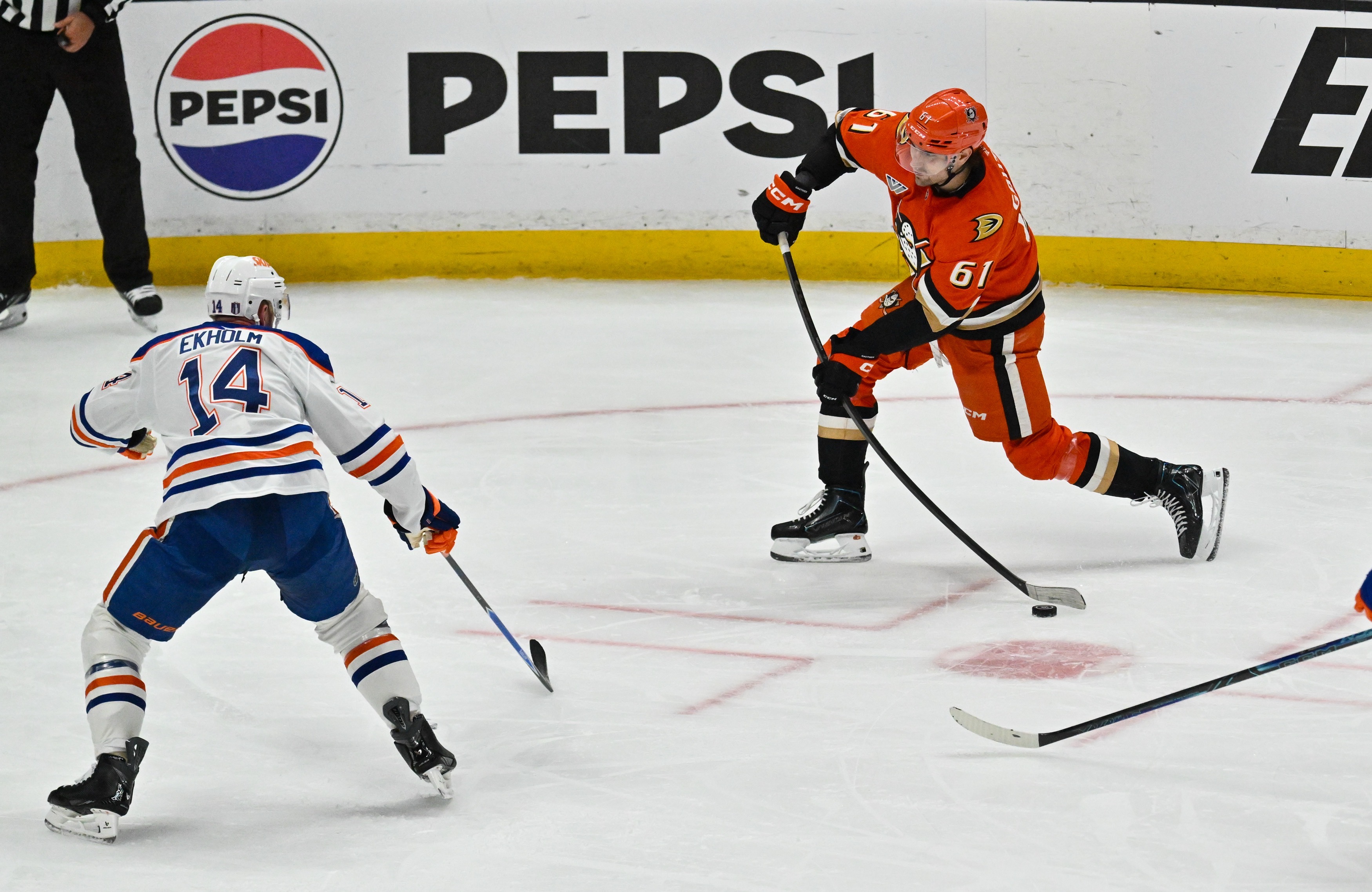 The Ducks Cutter Gauthier (61) scores in the second period...