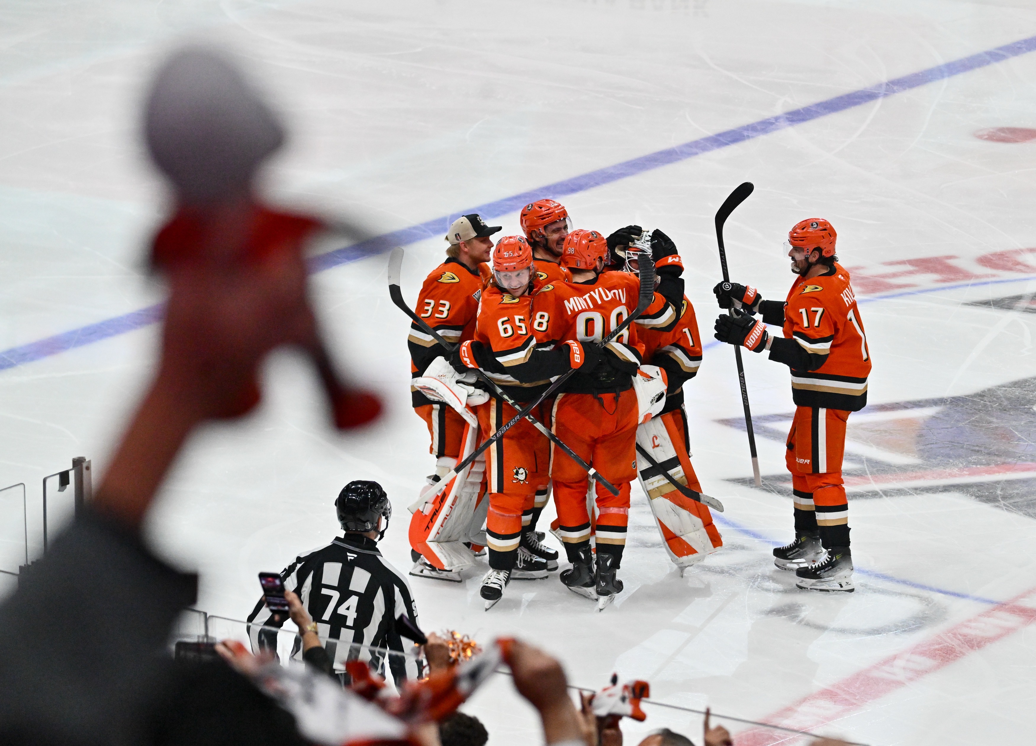 The Ducks celebrate a goal in overtime against the Edmonton...