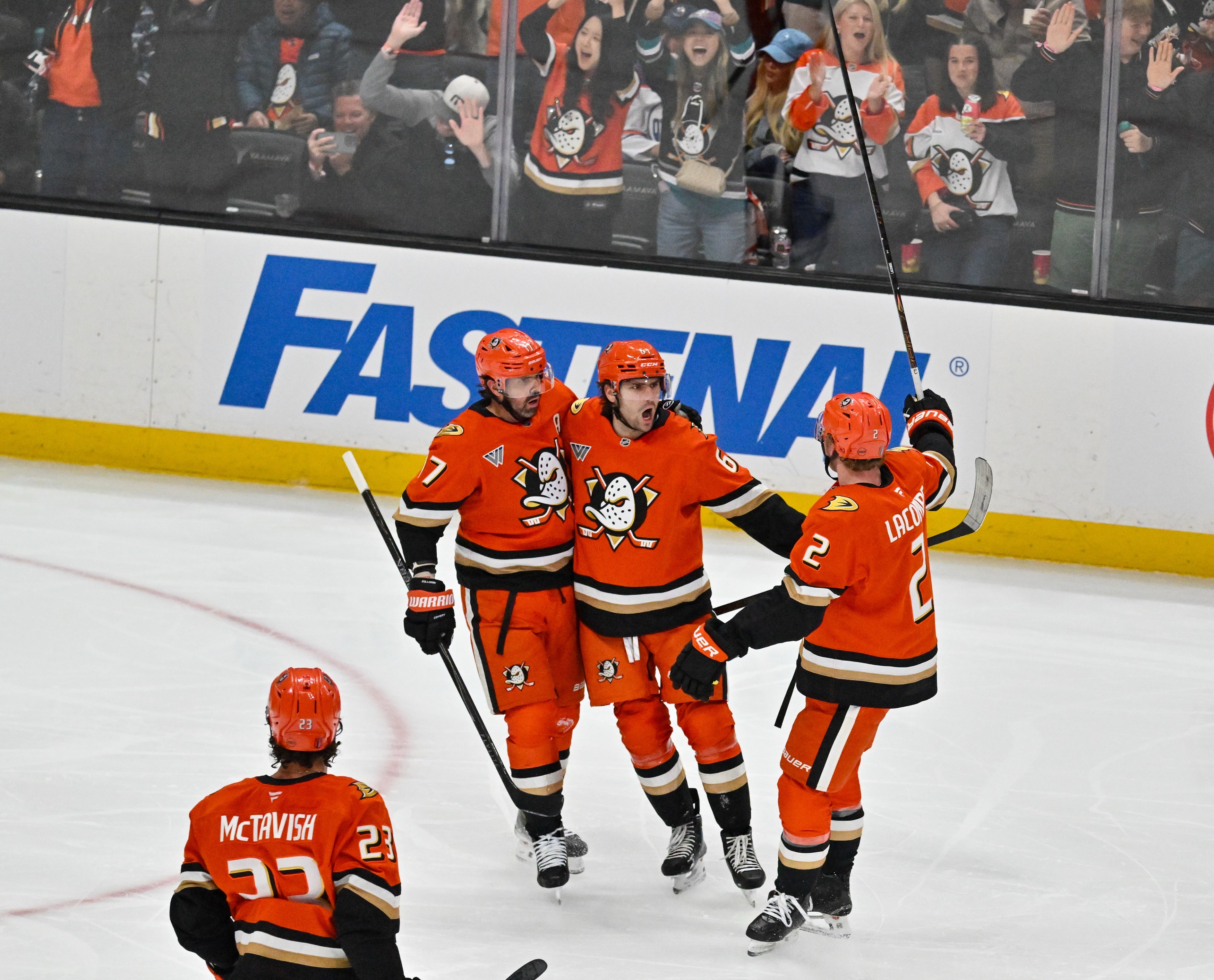 The Ducks Alex Killorn (17) and Jackson LaCombe (2) celebrate...