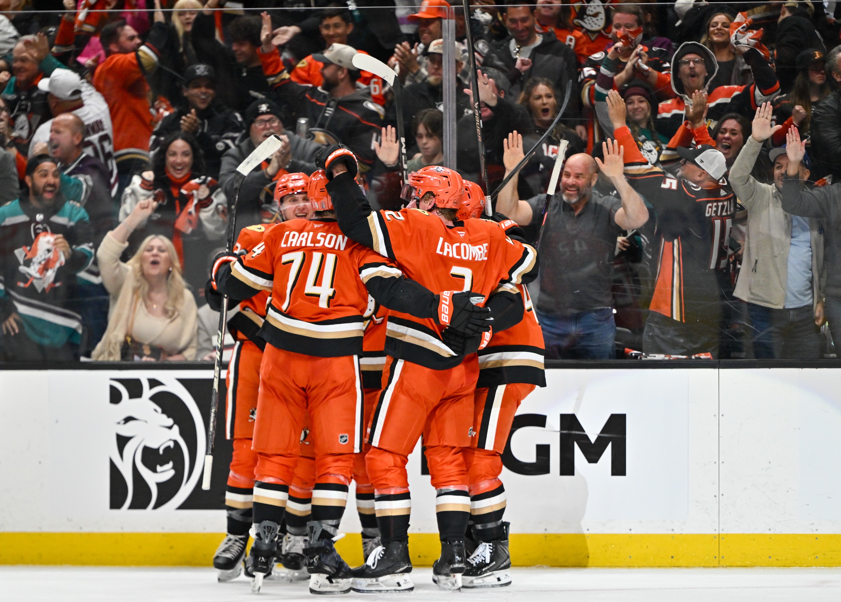 The Ducks celebrate a goal against the Edmonton Oilers in...