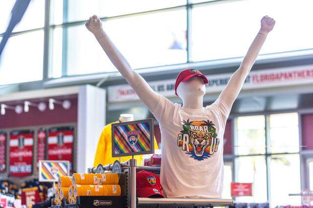 LGBTQ Pride-themed merchandise available during the Florida Panthers’ Pride Night.