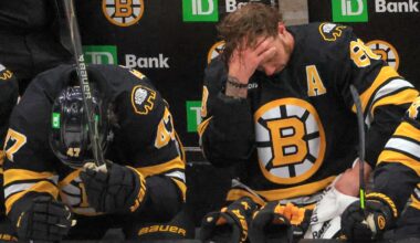 The Bruins' Mark Kastelic (left) and David Pastrnak can't bear to watch as the Bruins were trailing 6-0 in the third period on Sunday.