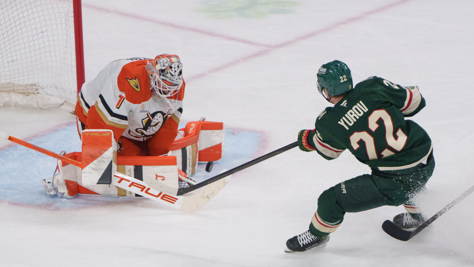 Minnesota Wild right wing Danila Yurov (22) has a shot stopped by Anaheim Ducks goaltender Lukas Dostal (1) in the second period at Grand Casino Arena.