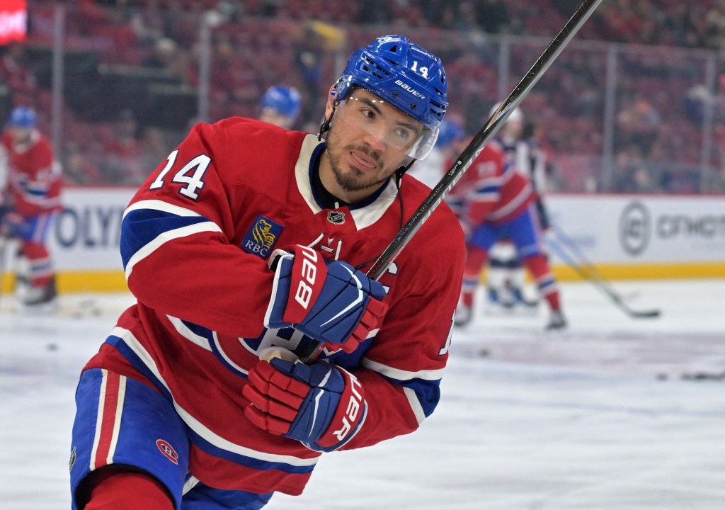 Apr 11, 2026; Montreal, Quebec, CAN; Montreal Canadiens forward Nick Suzuki (14) skates during the warmup before the game against the Columbus Blue Jackets at the Bell Centre. Mandatory Credit: Eric Bolte-Imagn Images