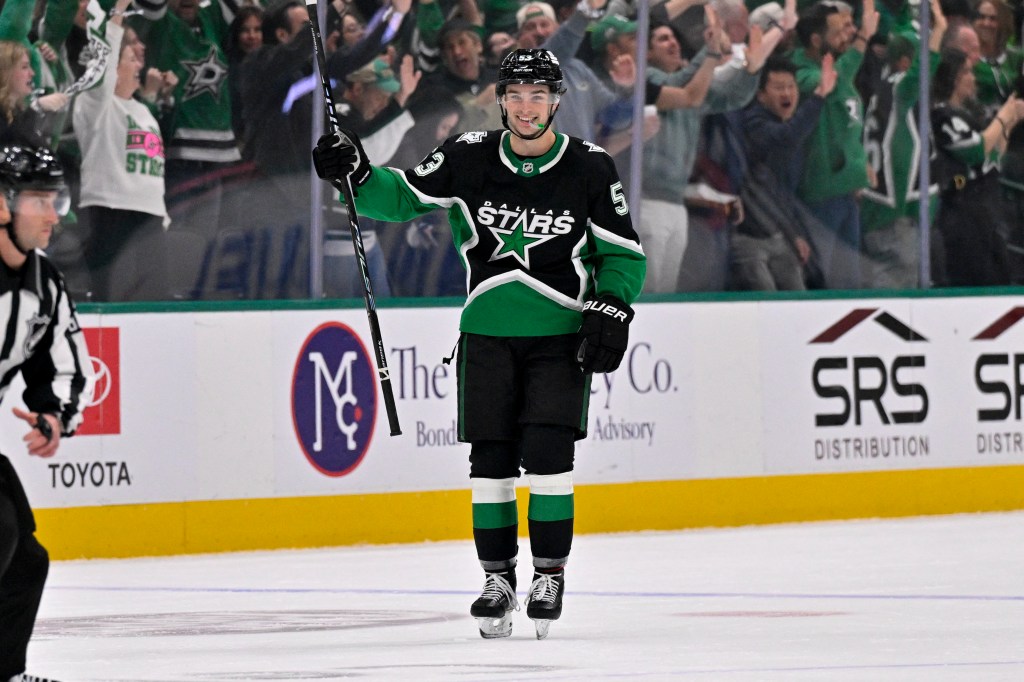 Apr 20, 2026; Dallas, Texas, USA; Dallas Stars center Wyatt Johnston (53) celebrates after he scores an empty net goal to seal the win over the Minnesota Wild during the third period in game two of the first round of the 2026 Stanley Cup Playoffs at American Airlines Center. Mandatory Credit: Jerome Miron-Imagn Images