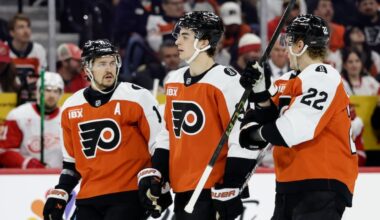 Forwards Travis Konecny (from left), Porter Martone, and center Christian Dvorak will play a key role if the Flyers make the playoffs.