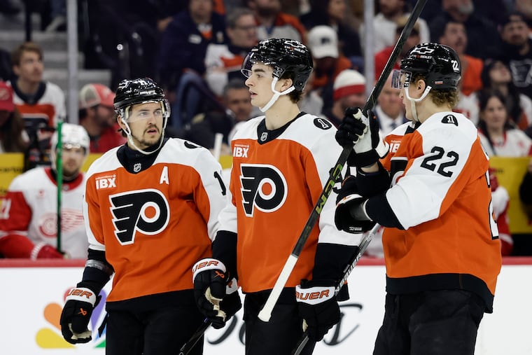 Forwards Travis Konecny (from left), Porter Martone, and center Christian Dvorak will play a key role if the Flyers make the playoffs.