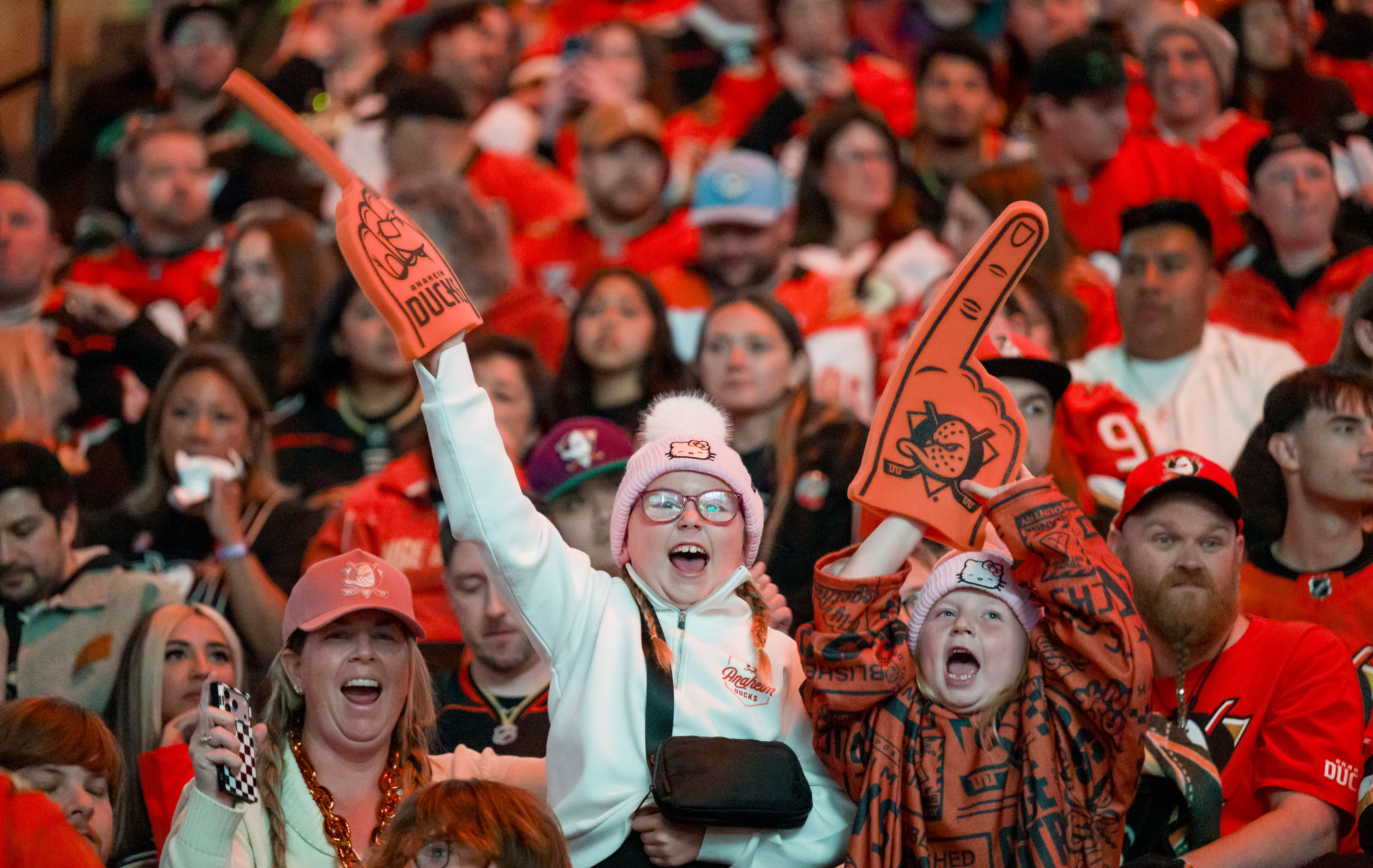 Children cheer during the Anaheim Ducks Watch Party at the...