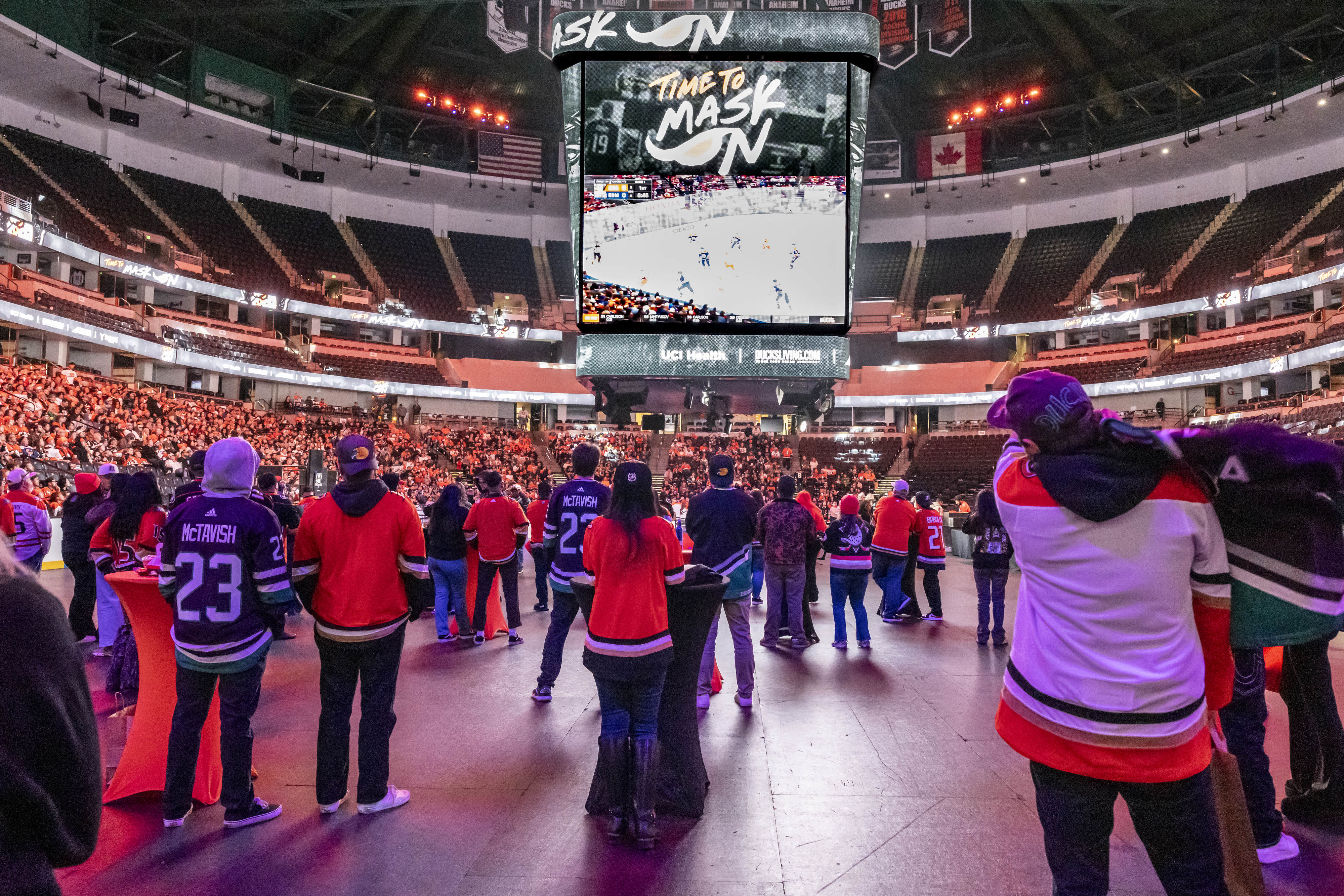 Fans watch from the floor during the Anaheim Ducks Watch...